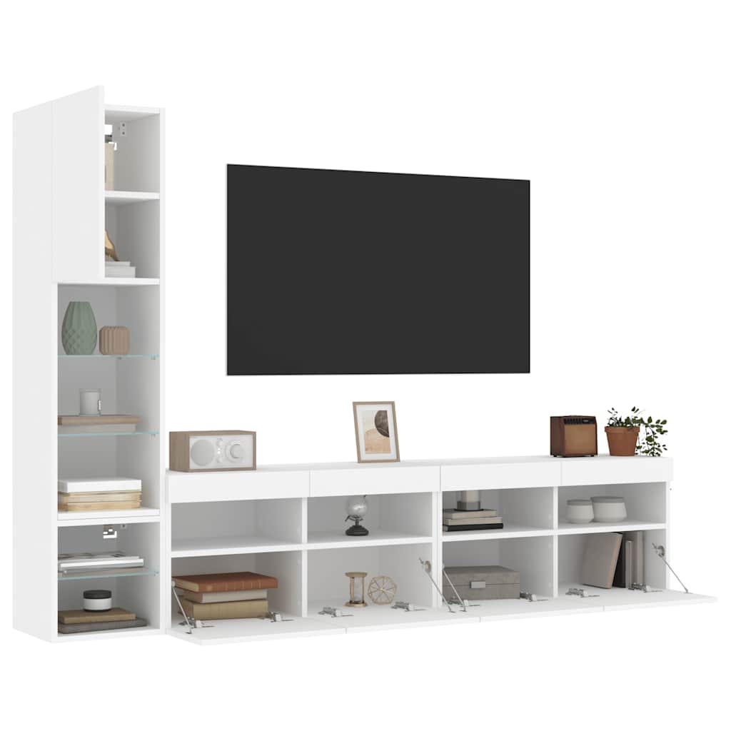4-delige Tv-wandmeubelset met LED-verlichting bewerkt hout wit – afbeelding 5