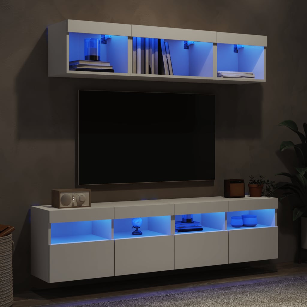 5-delige Tv-wandmeubelset met LED-verlichting bewerkt hout wit – afbeelding 1