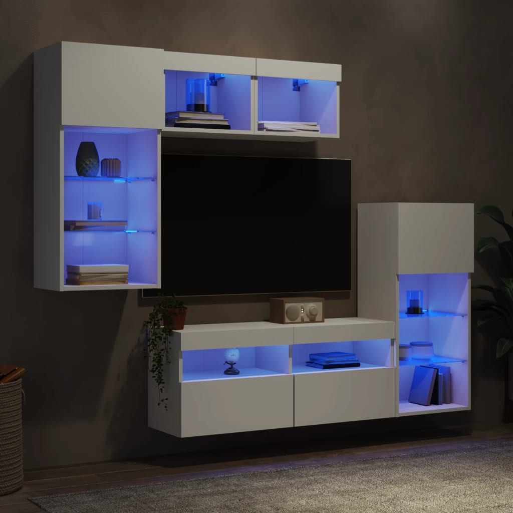 5-delige Tv-wandmeubelset met LED-verlichting bewerkt hout wit – afbeelding 1