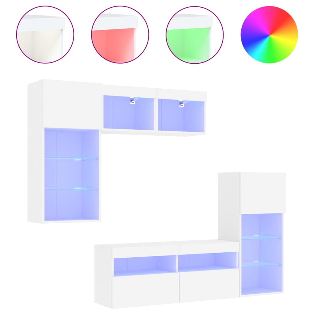 5-delige Tv-wandmeubelset met LED-verlichting bewerkt hout wit – afbeelding 2