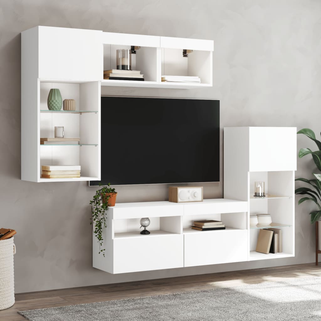 5-delige Tv-wandmeubelset met LED-verlichting bewerkt hout wit – afbeelding 3