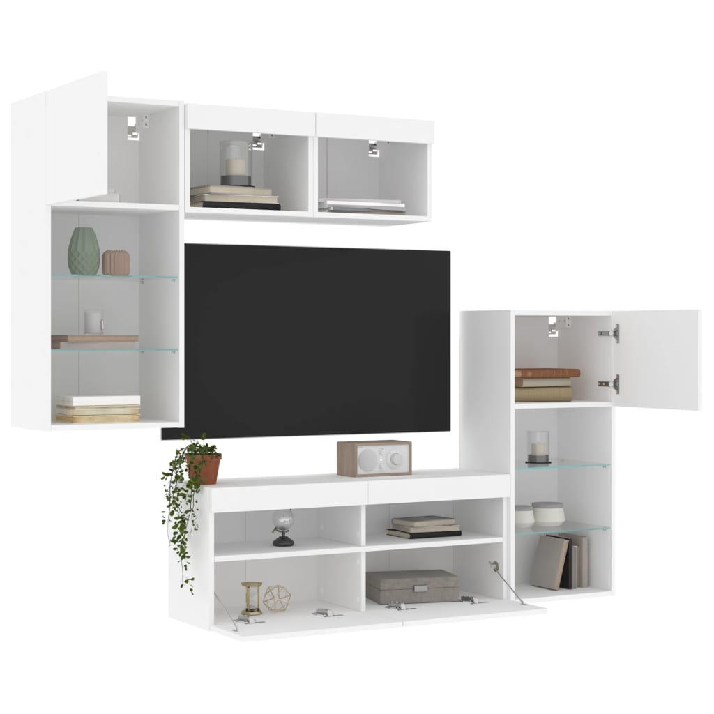 5-delige Tv-wandmeubelset met LED-verlichting bewerkt hout wit – afbeelding 4
