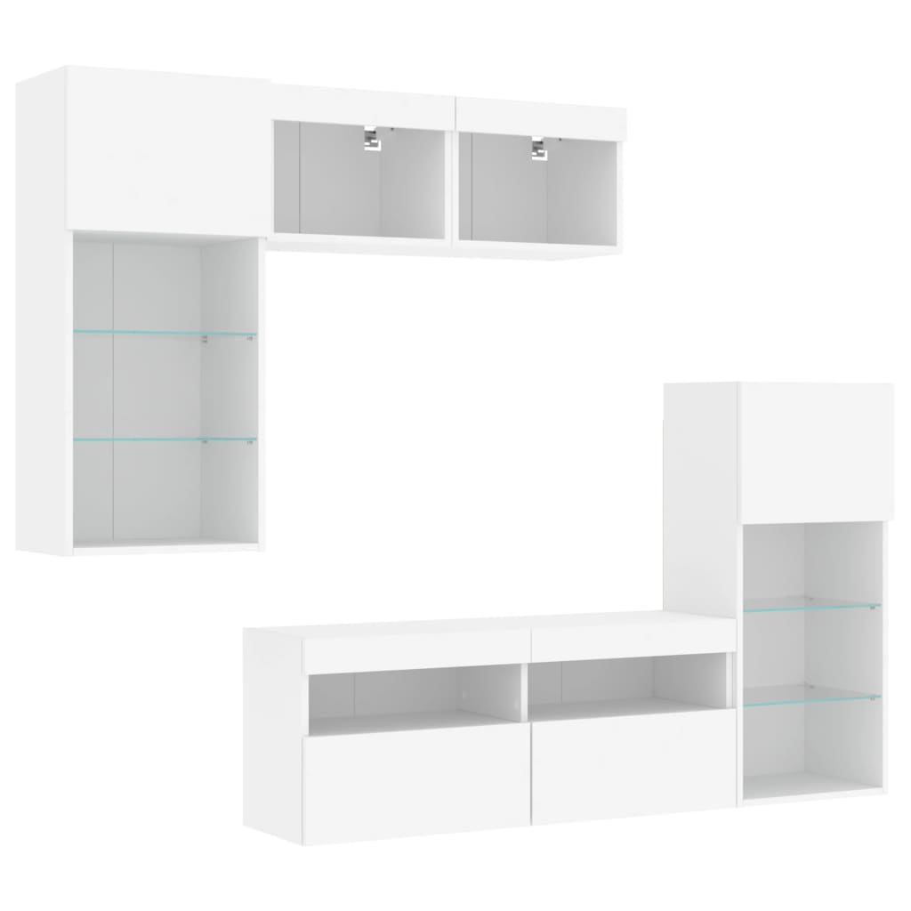 5-delige Tv-wandmeubelset met LED-verlichting bewerkt hout wit – afbeelding 5
