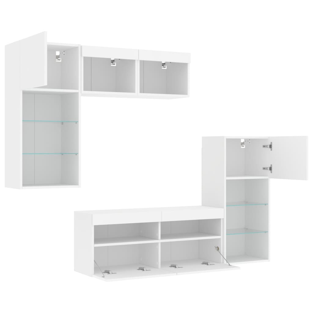 5-delige Tv-wandmeubelset met LED-verlichting bewerkt hout wit – afbeelding 6