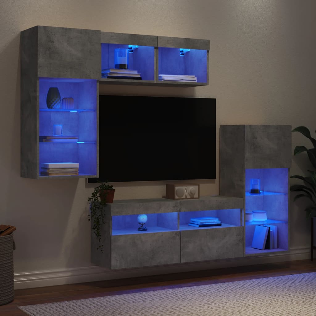 5-delige Tv-wandmeubelset met LED bewerkt hout betongrijs – afbeelding 1