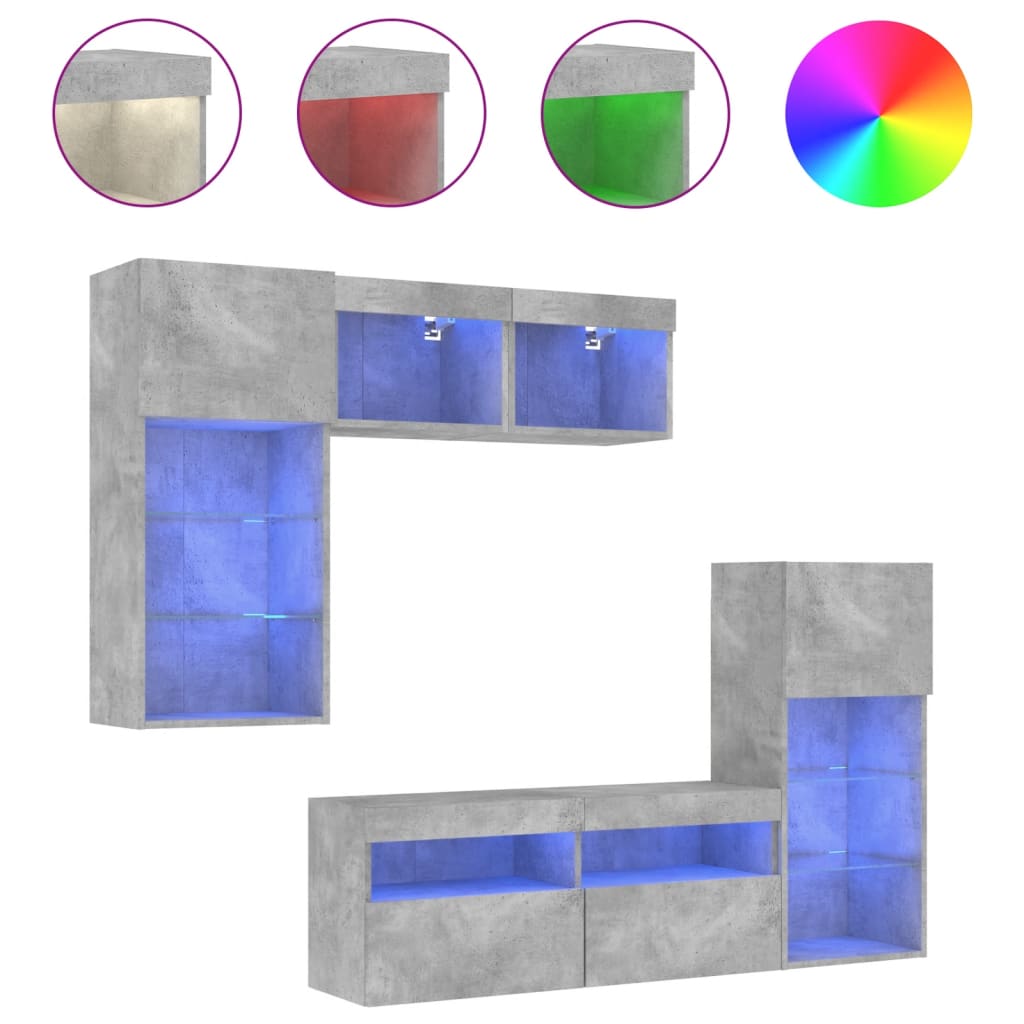 5-delige Tv-wandmeubelset met LED bewerkt hout betongrijs – afbeelding 2
