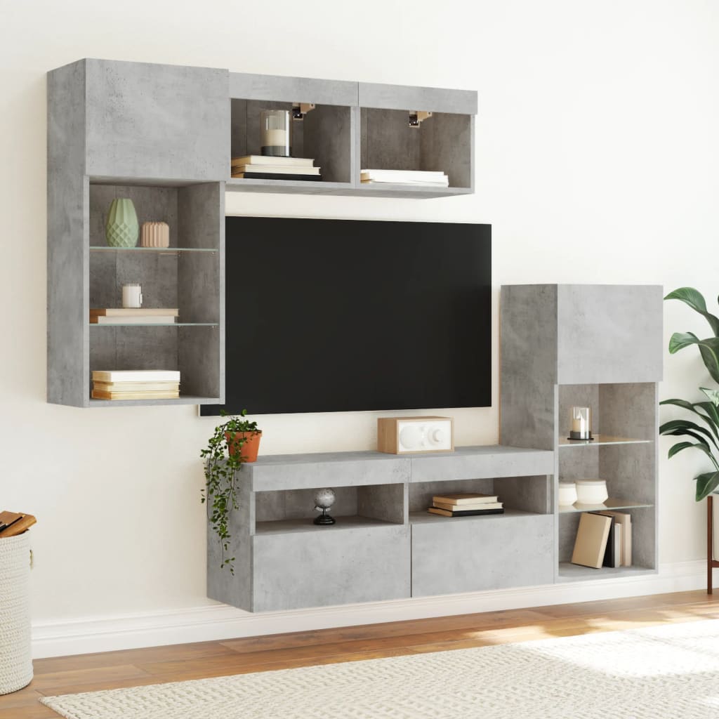 5-delige Tv-wandmeubelset met LED bewerkt hout betongrijs – afbeelding 3