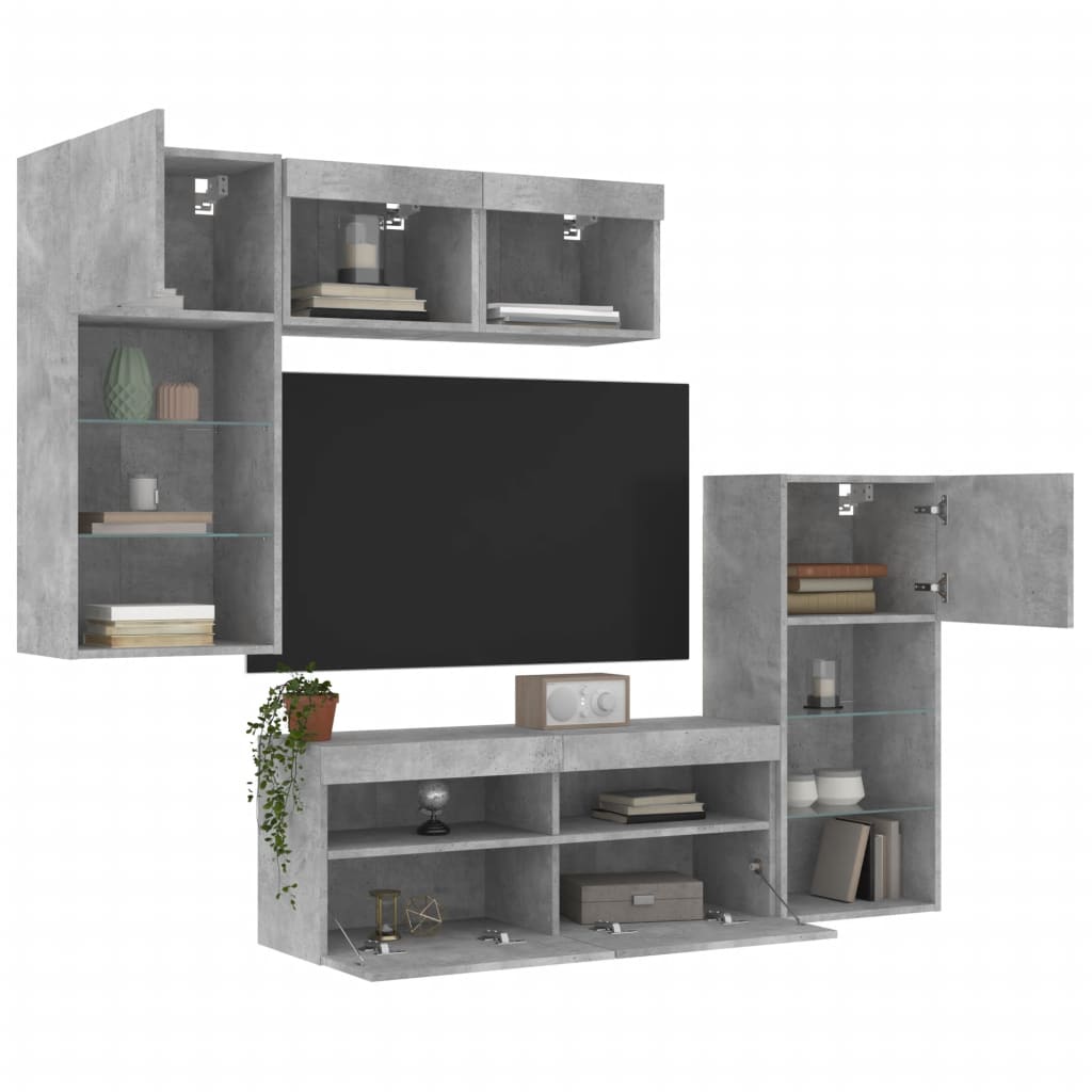 5-delige Tv-wandmeubelset met LED bewerkt hout betongrijs – afbeelding 4