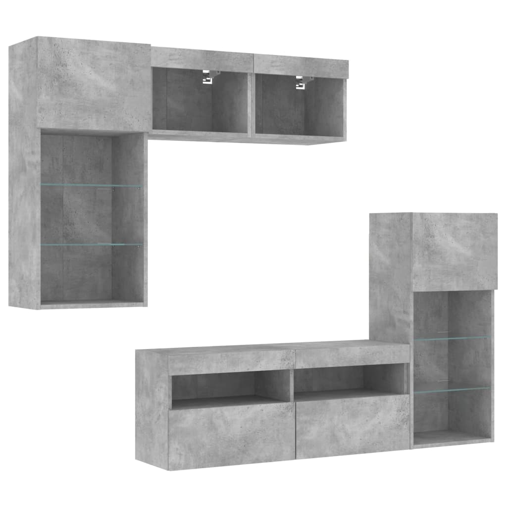 5-delige Tv-wandmeubelset met LED bewerkt hout betongrijs – afbeelding 5