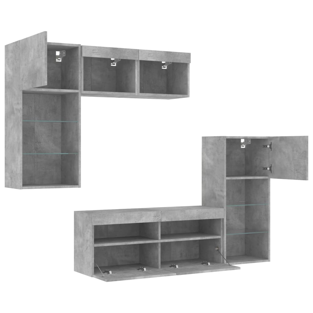 5-delige Tv-wandmeubelset met LED bewerkt hout betongrijs – afbeelding 6