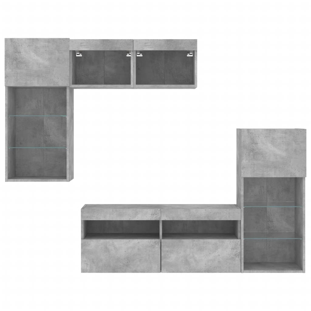 5-delige Tv-wandmeubelset met LED bewerkt hout betongrijs – afbeelding 7