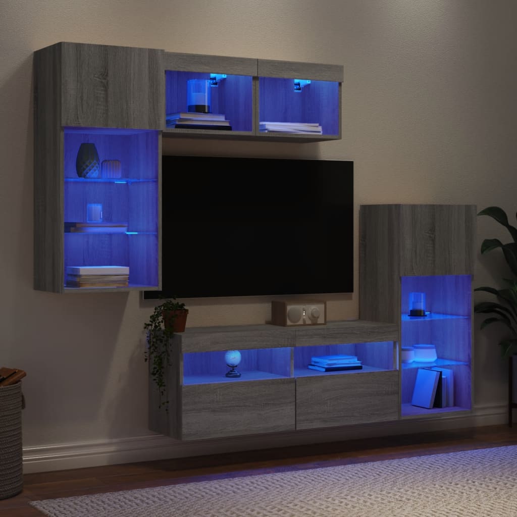 5-delige Tv-wandmeubelset met LED grijs sonoma eikenkleurig – afbeelding 1