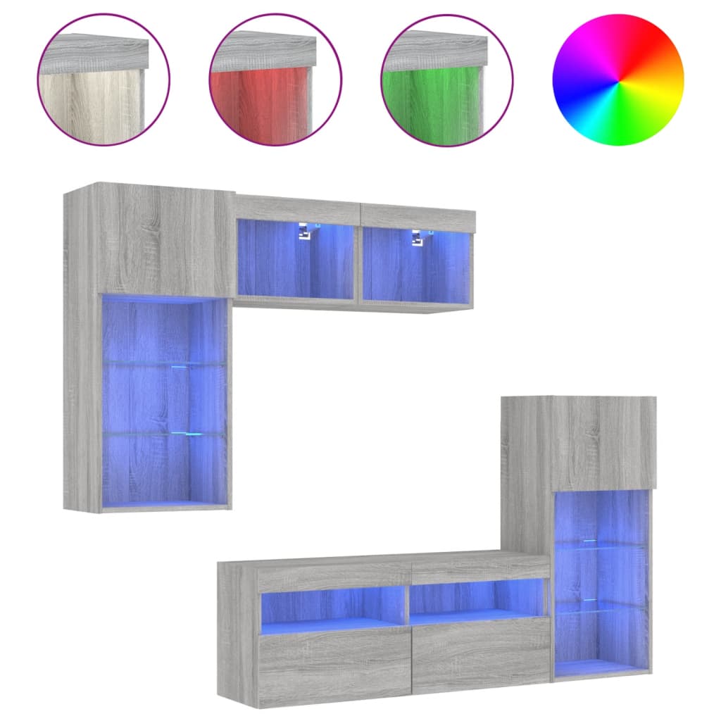 5-delige Tv-wandmeubelset met LED grijs sonoma eikenkleurig – afbeelding 2