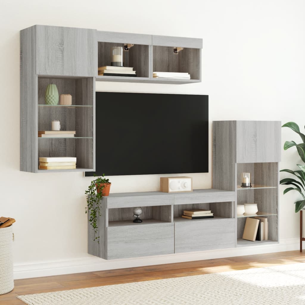 5-delige Tv-wandmeubelset met LED grijs sonoma eikenkleurig – afbeelding 3