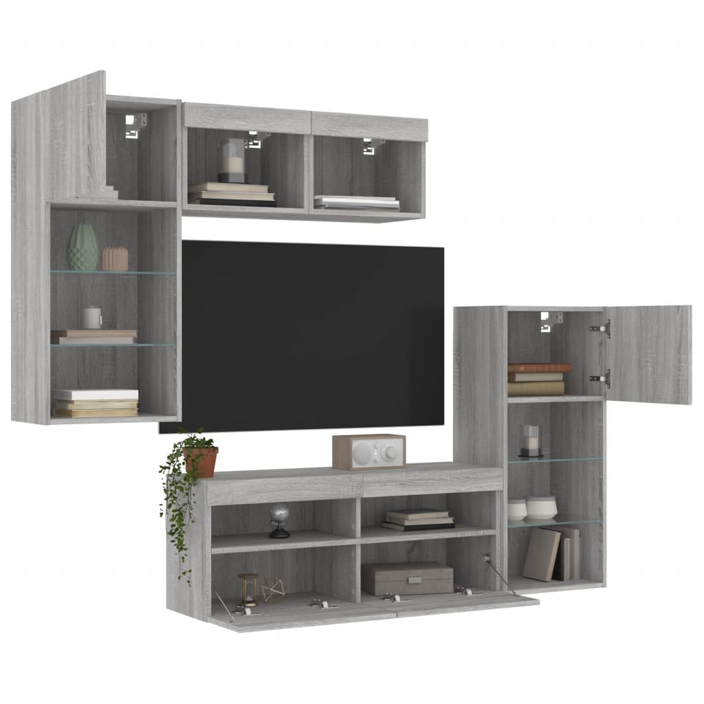 5-delige Tv-wandmeubelset met LED grijs sonoma eikenkleurig – afbeelding 4