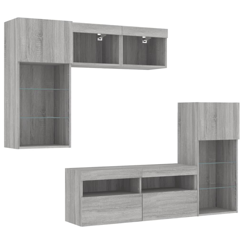 5-delige Tv-wandmeubelset met LED grijs sonoma eikenkleurig – afbeelding 5