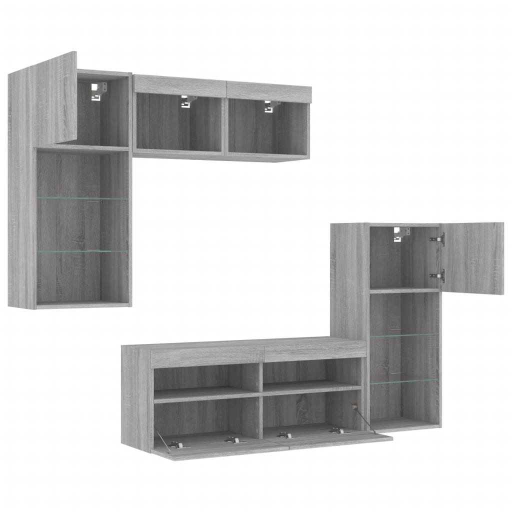 5-delige Tv-wandmeubelset met LED grijs sonoma eikenkleurig – afbeelding 6