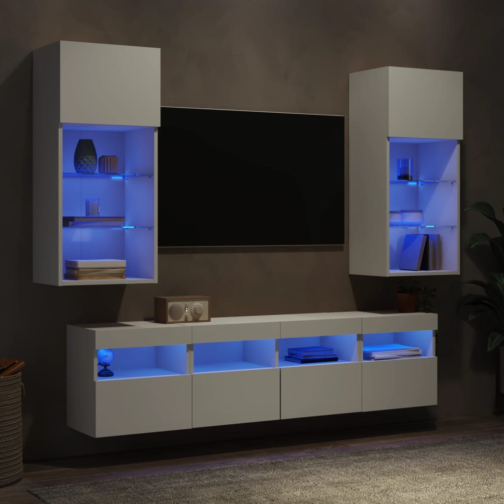 5-delige Tv-wandmeubelset met LED-verlichting bewerkt hout wit – afbeelding 1