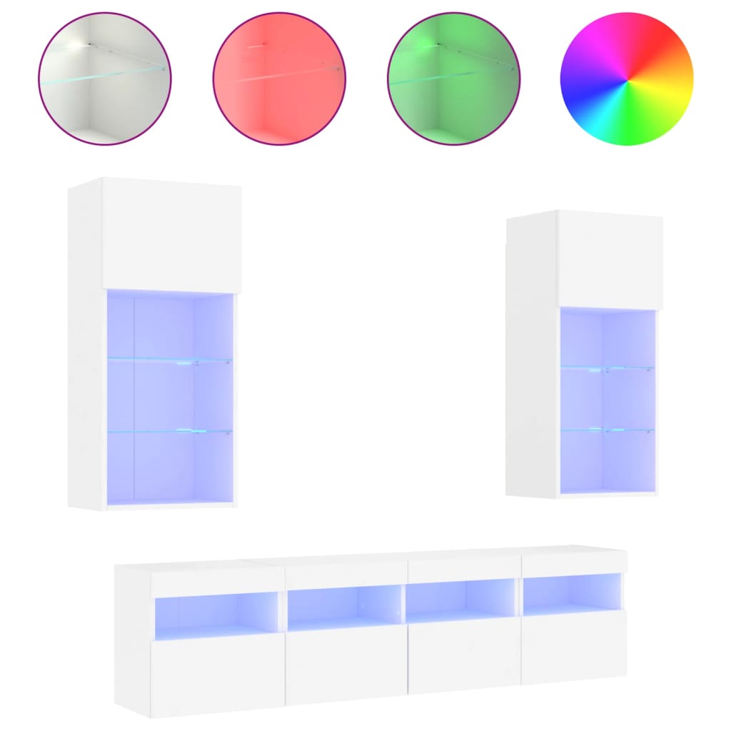 5-delige Tv-wandmeubelset met LED-verlichting bewerkt hout wit – afbeelding 2