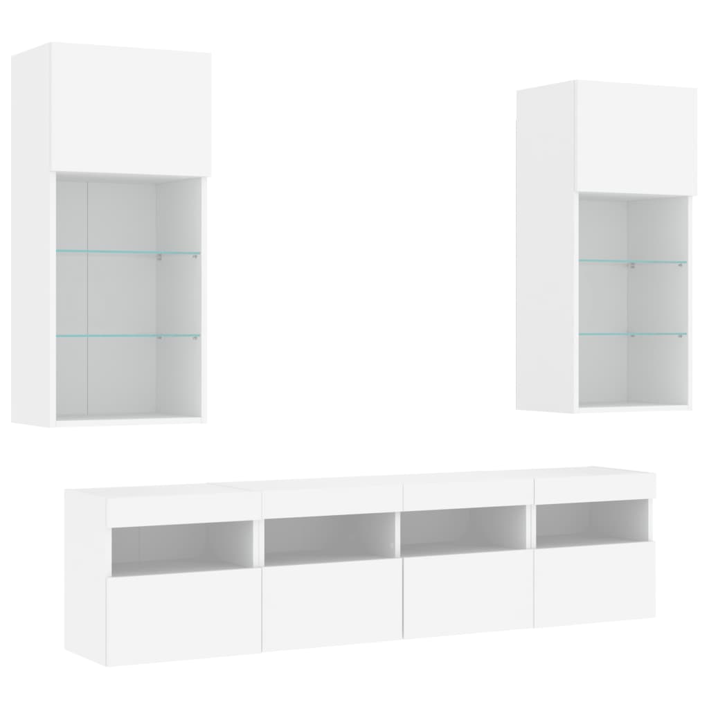 5-delige Tv-wandmeubelset met LED-verlichting bewerkt hout wit – afbeelding 3