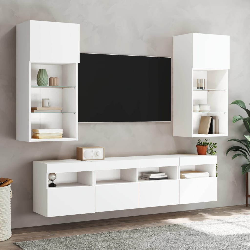 5-delige Tv-wandmeubelset met LED-verlichting bewerkt hout wit – afbeelding 4