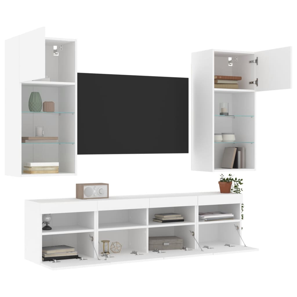 5-delige Tv-wandmeubelset met LED-verlichting bewerkt hout wit – afbeelding 5