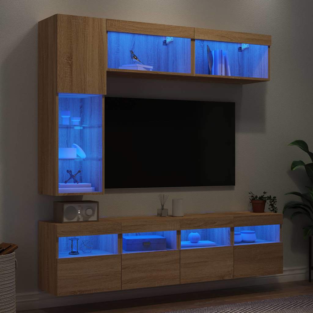 7-delige Tv-wandmeubelset met LED-verlichting sonoma eikenkleur – afbeelding 1