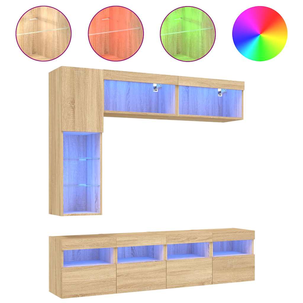 7-delige Tv-wandmeubelset met LED-verlichting sonoma eikenkleur – afbeelding 2