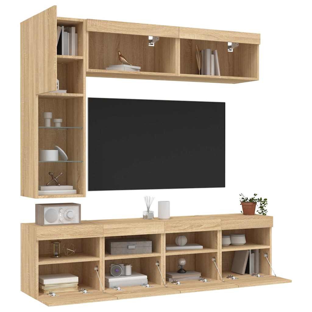 7-delige Tv-wandmeubelset met LED-verlichting sonoma eikenkleur – afbeelding 5