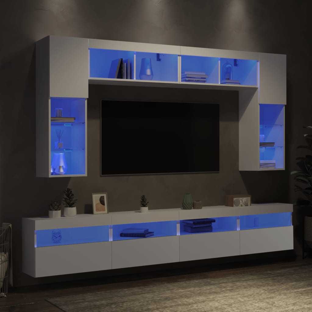 8-delige tv-wandmeubelset met LED-verlichting wit – afbeelding 1