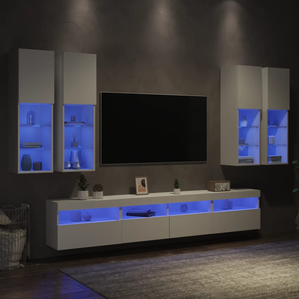 7-delige Tv-wandmeubelset met LED-verlichting wit – afbeelding 1