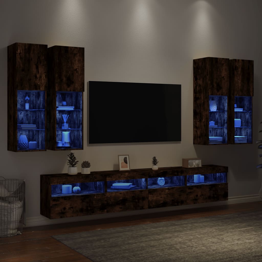 7-delige Tv-wandmeubelset met LED-verlichting gerookt eiken – afbeelding 1