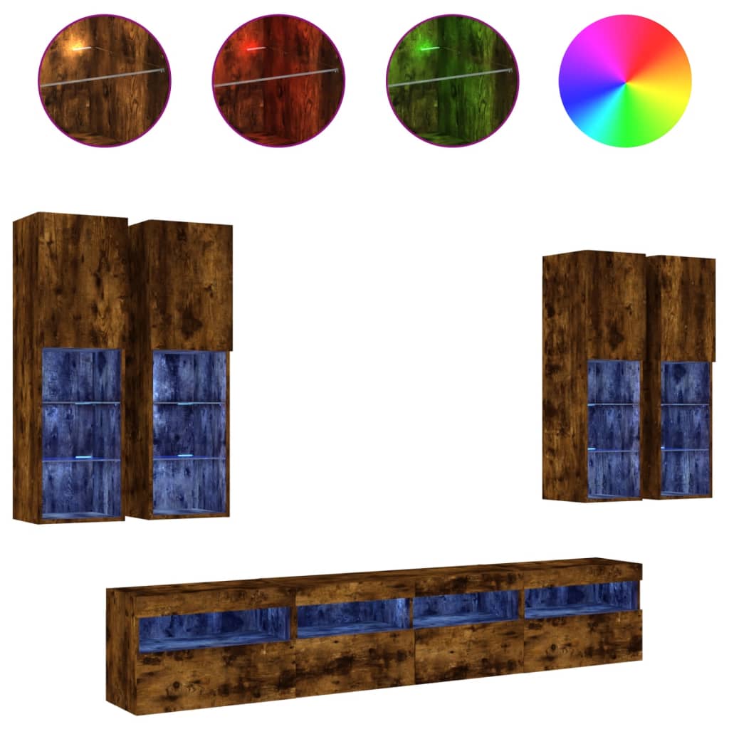 7-delige Tv-wandmeubelset met LED-verlichting gerookt eiken – afbeelding 2