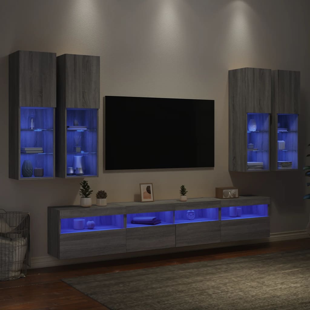 7-delige Tv-wandmeubelset met LED-verlichting grijs sonoma – afbeelding 1