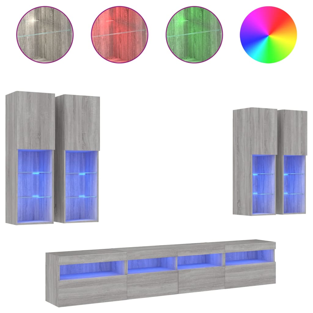 7-delige Tv-wandmeubelset met LED-verlichting grijs sonoma – afbeelding 2