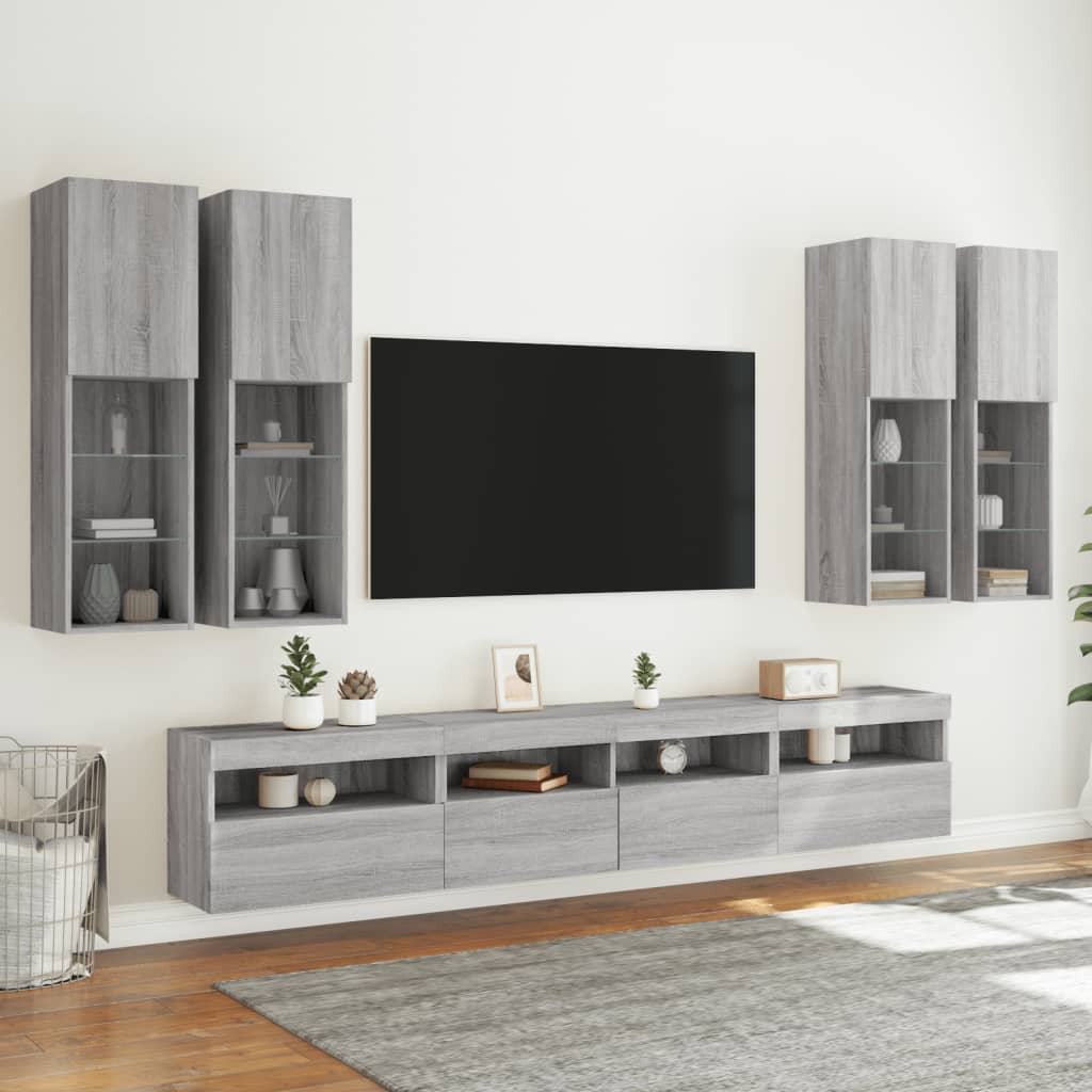 7-delige Tv-wandmeubelset met LED-verlichting grijs sonoma – afbeelding 4