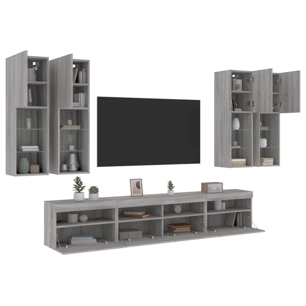 7-delige Tv-wandmeubelset met LED-verlichting grijs sonoma – afbeelding 5