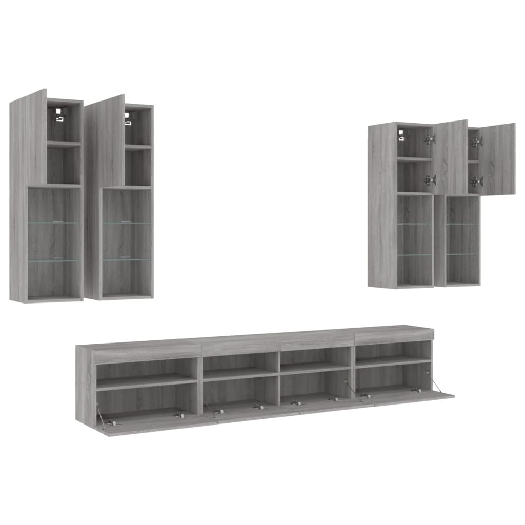 7-delige Tv-wandmeubelset met LED-verlichting grijs sonoma – afbeelding 6
