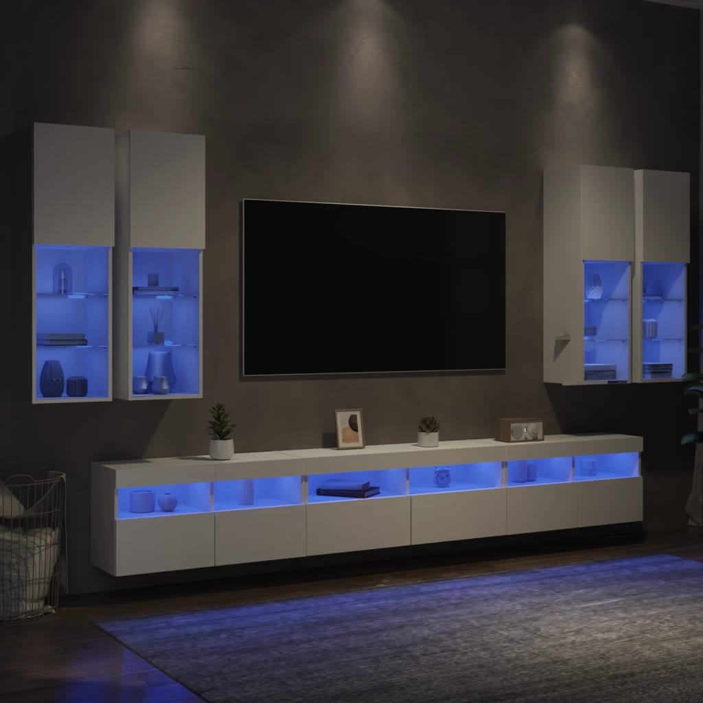 7-delige Tv-wandmeubelset met LED-verlichting wit – afbeelding 1