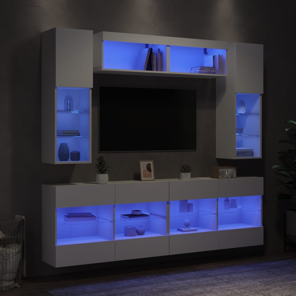 6-delige Tv-wandmeubelset met LED-verlichting wit – afbeelding 1