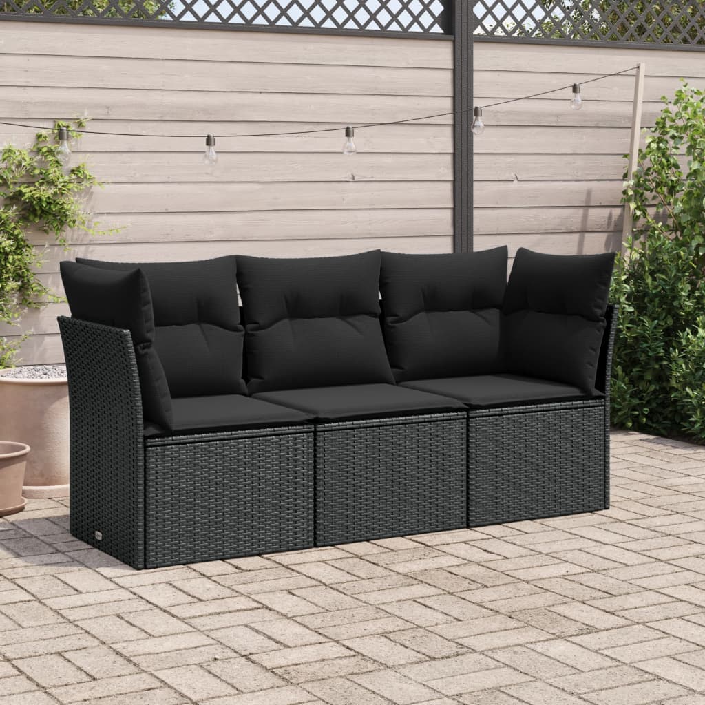 3-delige Loungeset met kussens poly rattan zwart – afbeelding 1