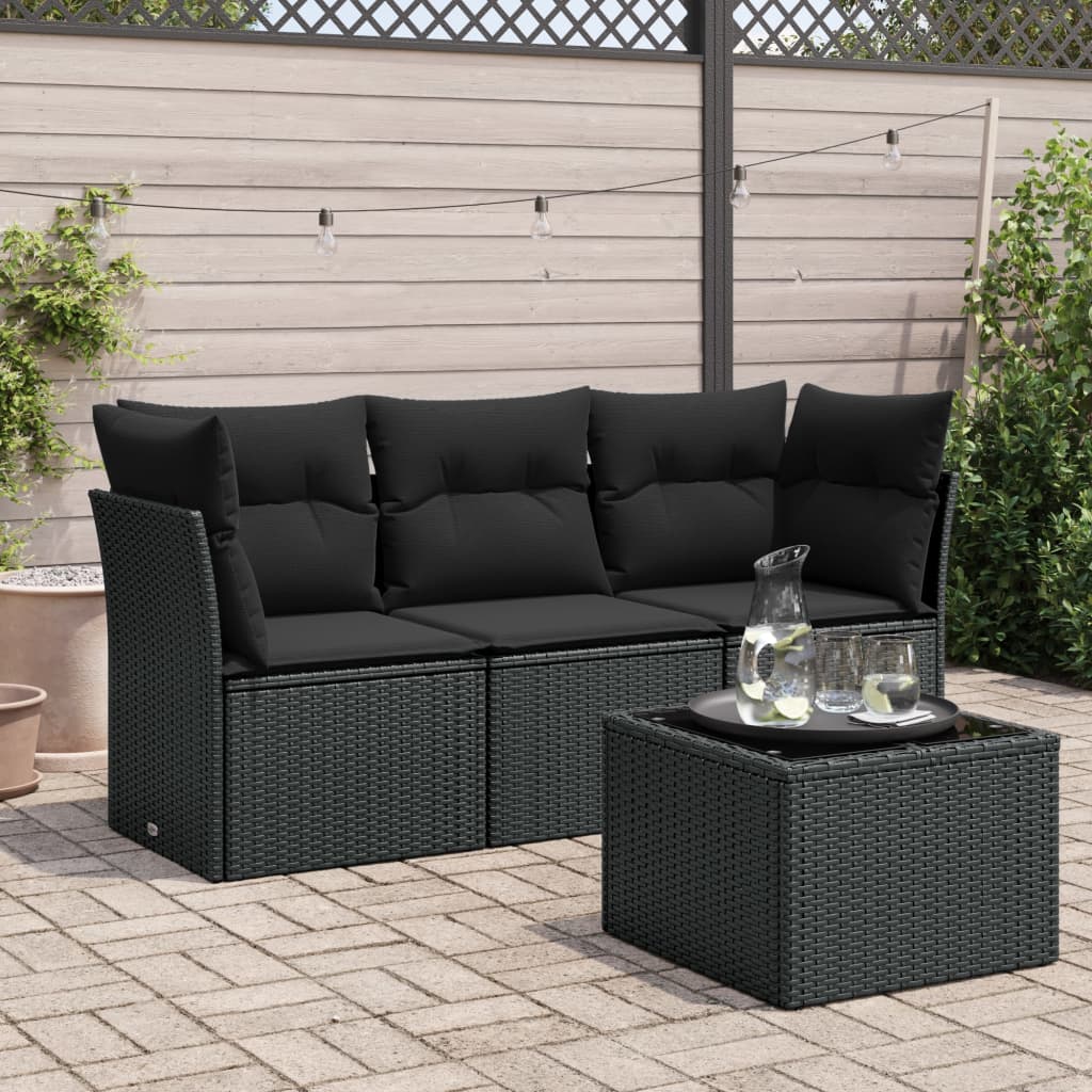 4-delige Loungeset met kussens poly rattan zwart – afbeelding 1