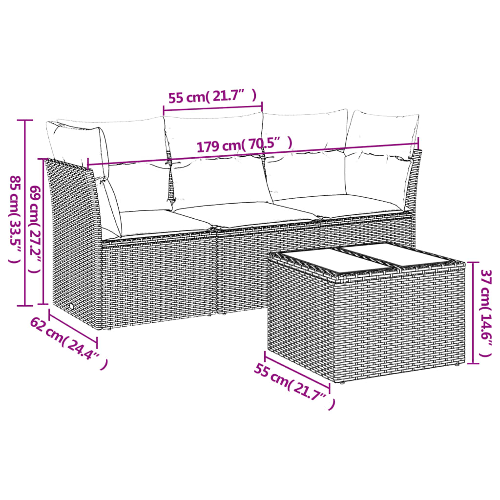 4-delige Loungeset met kussens poly rattan zwart – afbeelding 3