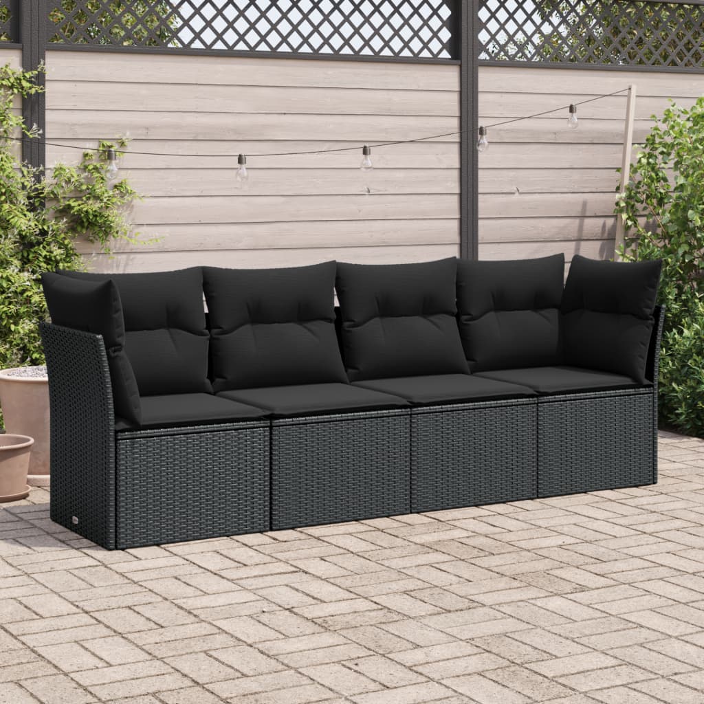 4-delige Loungeset met kussens poly rattan zwart – afbeelding 1