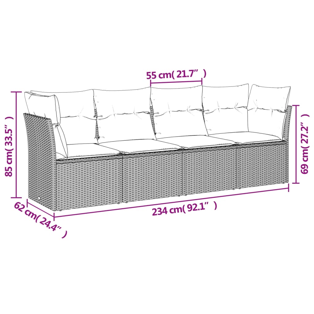 4-delige Loungeset met kussens poly rattan zwart – afbeelding 3
