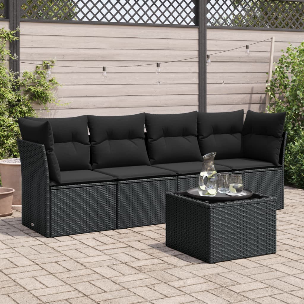 5-delige Loungeset met kussens poly rattan zwart – afbeelding 1