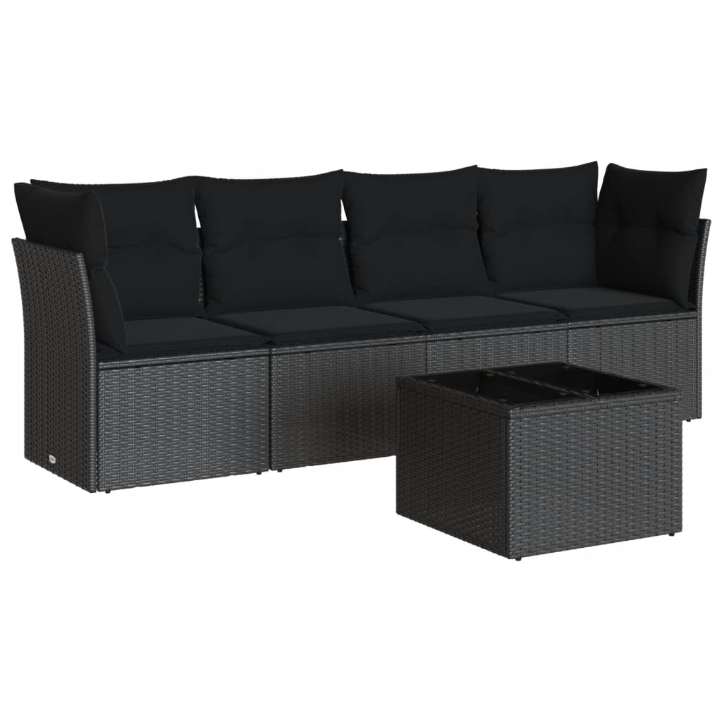 5-delige Loungeset met kussens poly rattan zwart – afbeelding 2