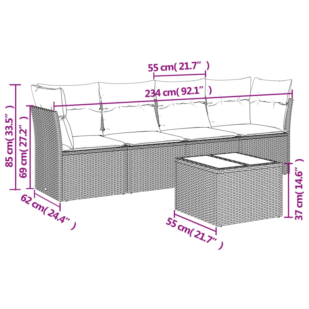 5-delige Loungeset met kussens poly rattan zwart – afbeelding 3