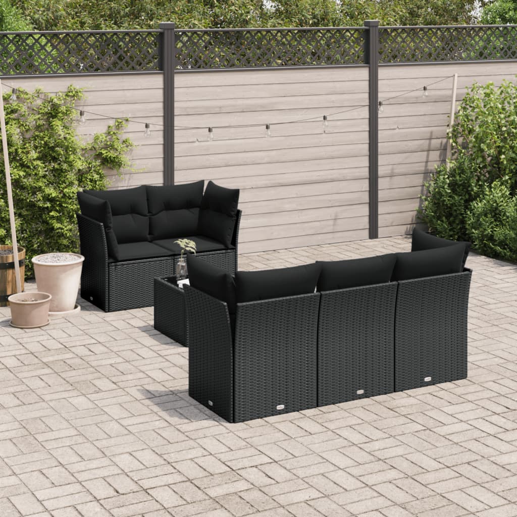 6-delige Loungeset met kussens poly rattan zwart – afbeelding 1