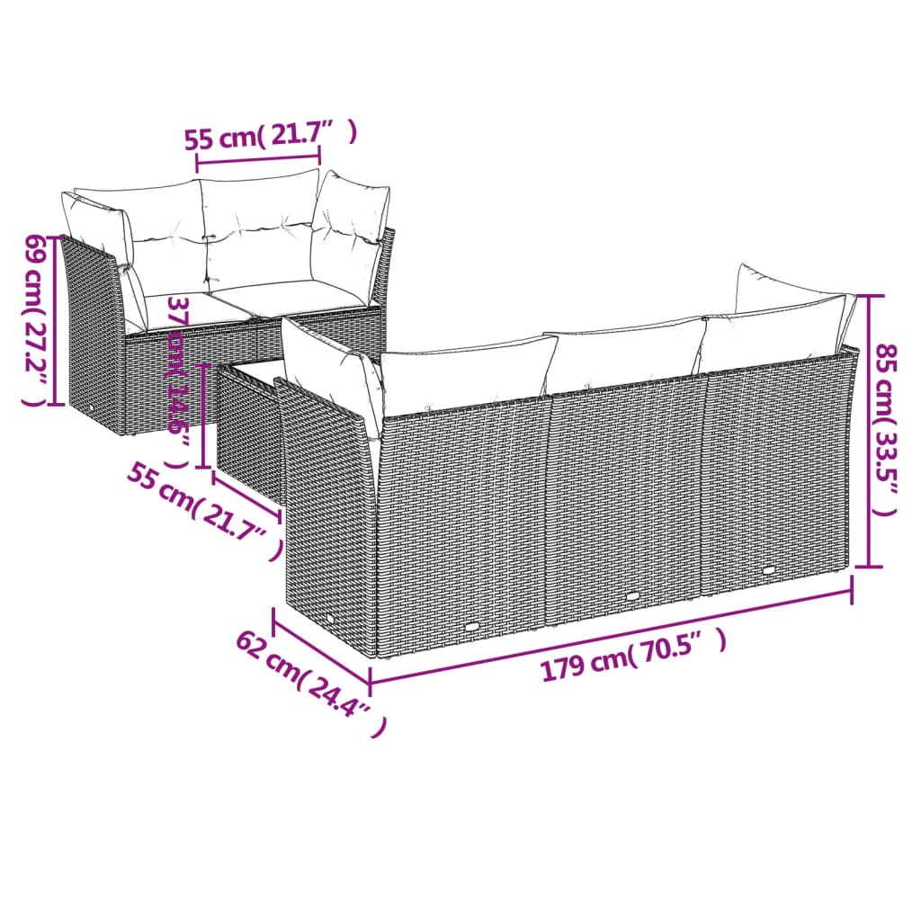 6-delige Loungeset met kussens poly rattan zwart – afbeelding 3